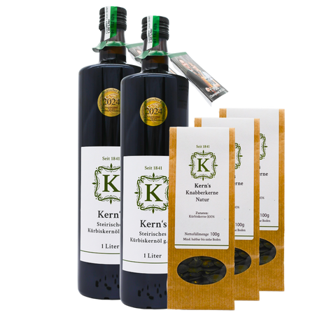 2er Set - 2x1Liter Flaschen - Steirisches Kürbiskernöl + 3x Knabberkerne
